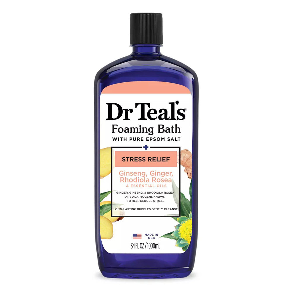 Dr Teals Foaming Bath Pure Epsom Salt Stress Relief with Gingseng Ginger Rhodiola Rosea and Essential Oils 34Oz (1000ml)
