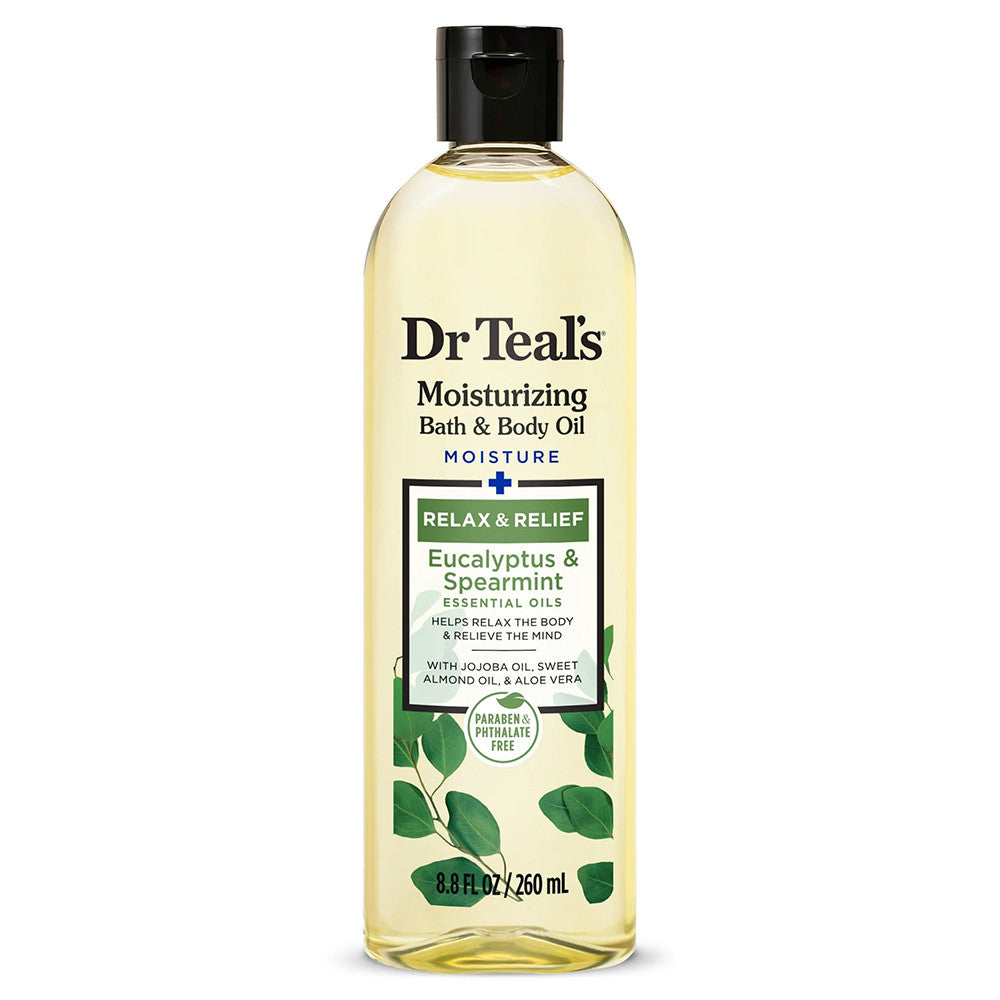 Dr Teals Bath and Body Oil Moisture Plus Relax and Relief Eucalyptus and Spearmint Essential Oils, 8.8 Oz
