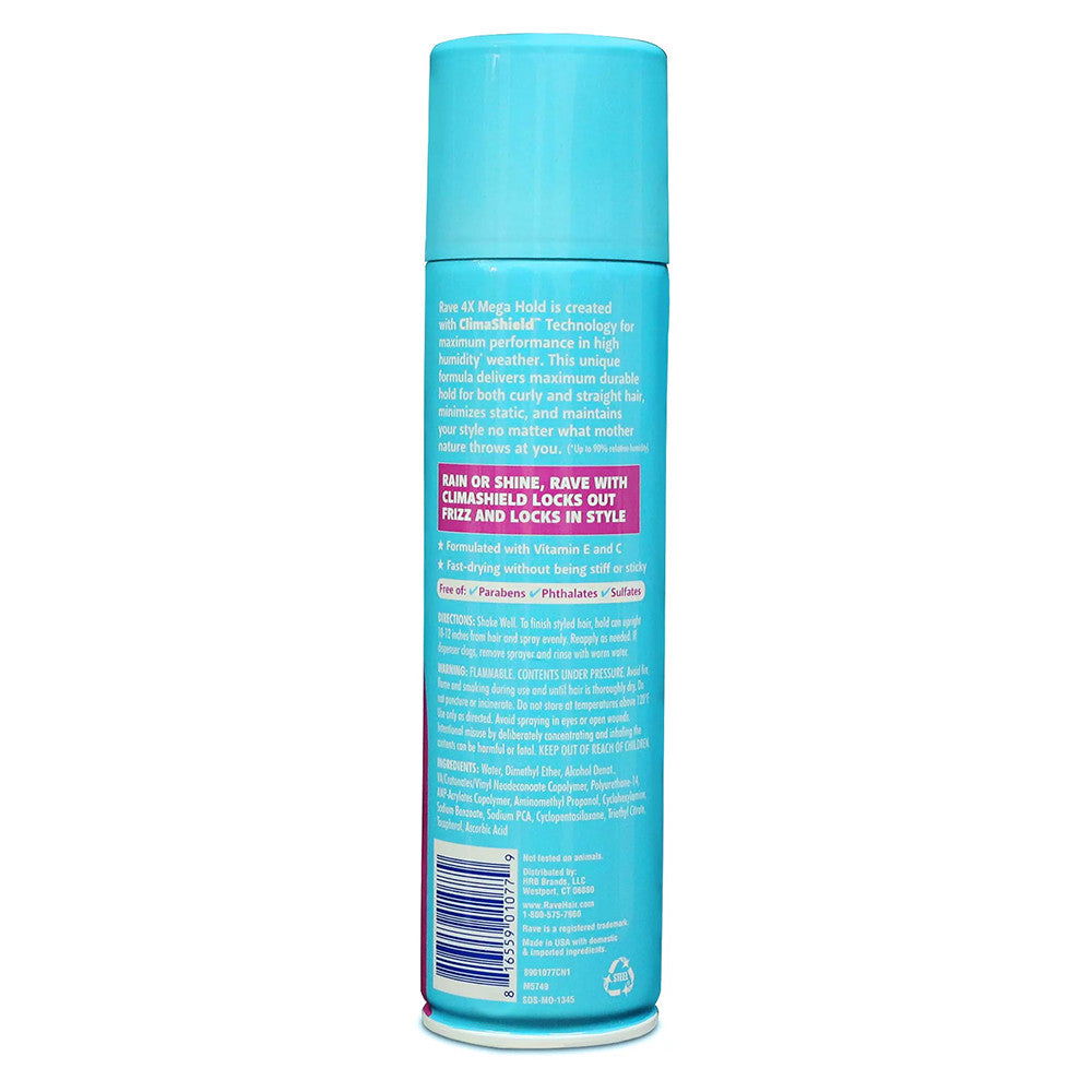 Rave 4x Mega Hold Clima Shield Unscented Aerosol Hairspray, 11 Oz