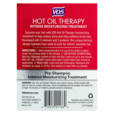 Alberto Vo5 Hot Oil Moisturizing Treatment With Vitamin E, 0.5 Oz, 2 tubes