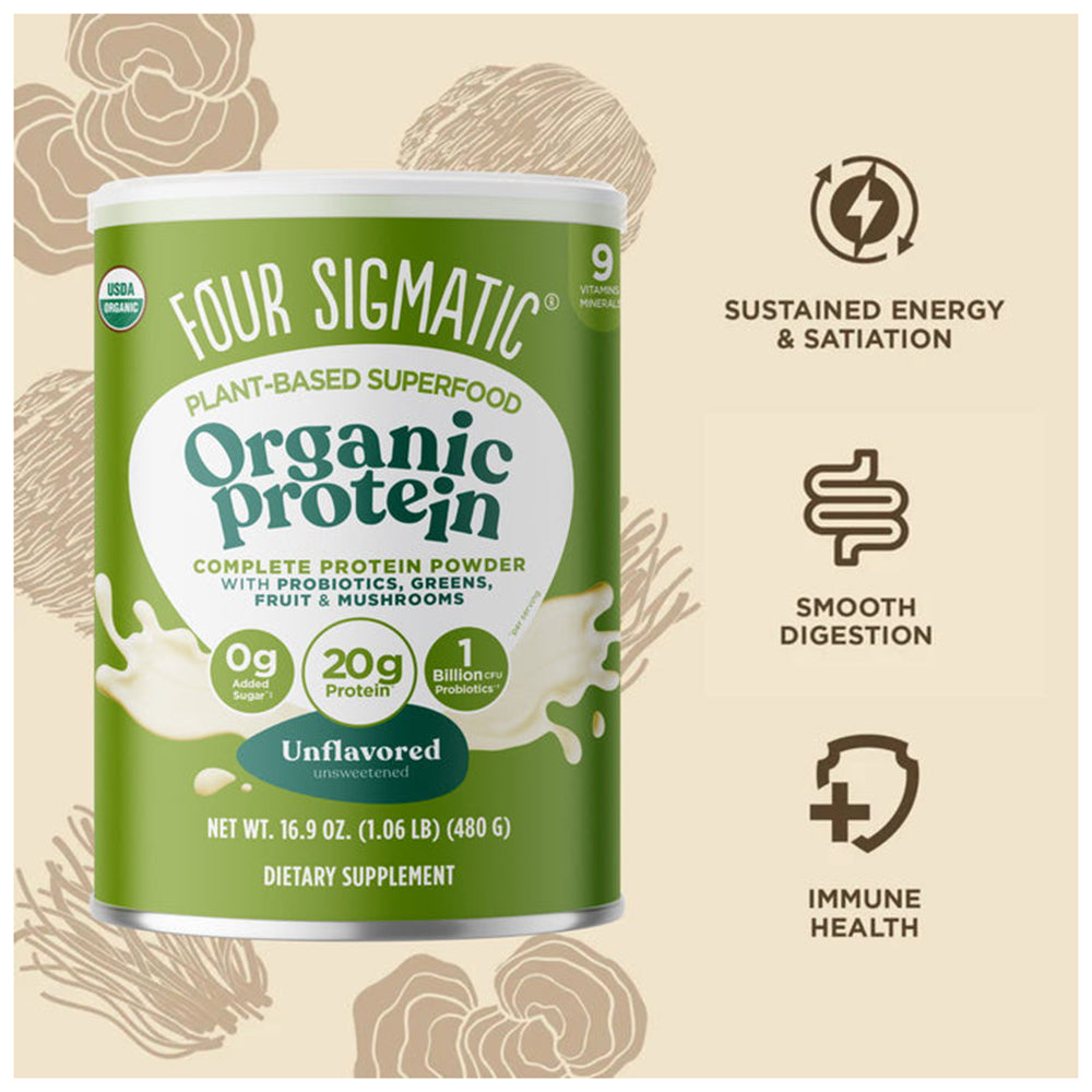 Four Sigmatic Organic Protein Powder Plant-Based Superfood with Probiotics Greens Fruit and Mushrooms Unflavored 16.9Oz (480g)
