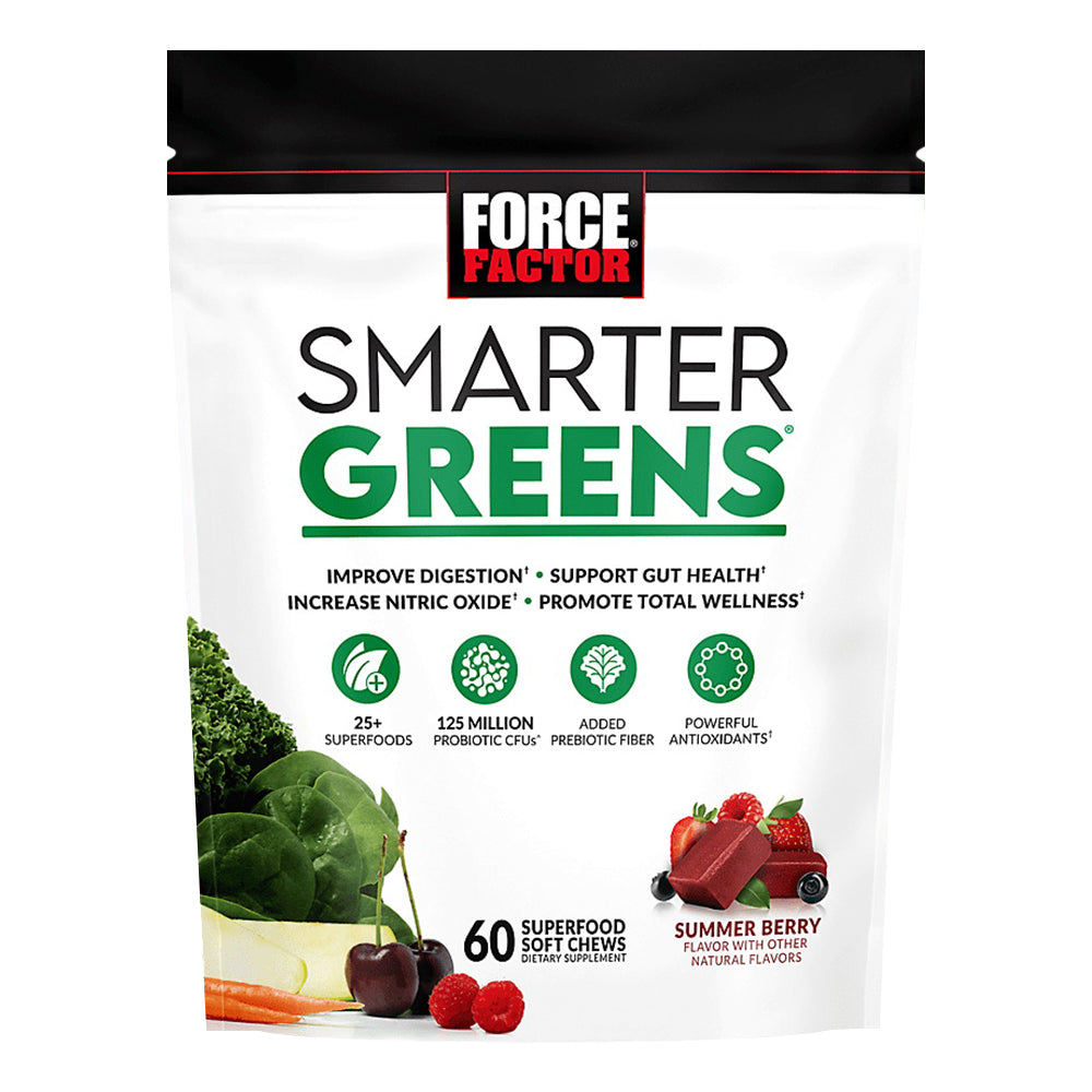 Force Factor Smarter Greens Summer Berry Flavor Superfood Soft Chews for Digestion and Gut Health Support 60Ea