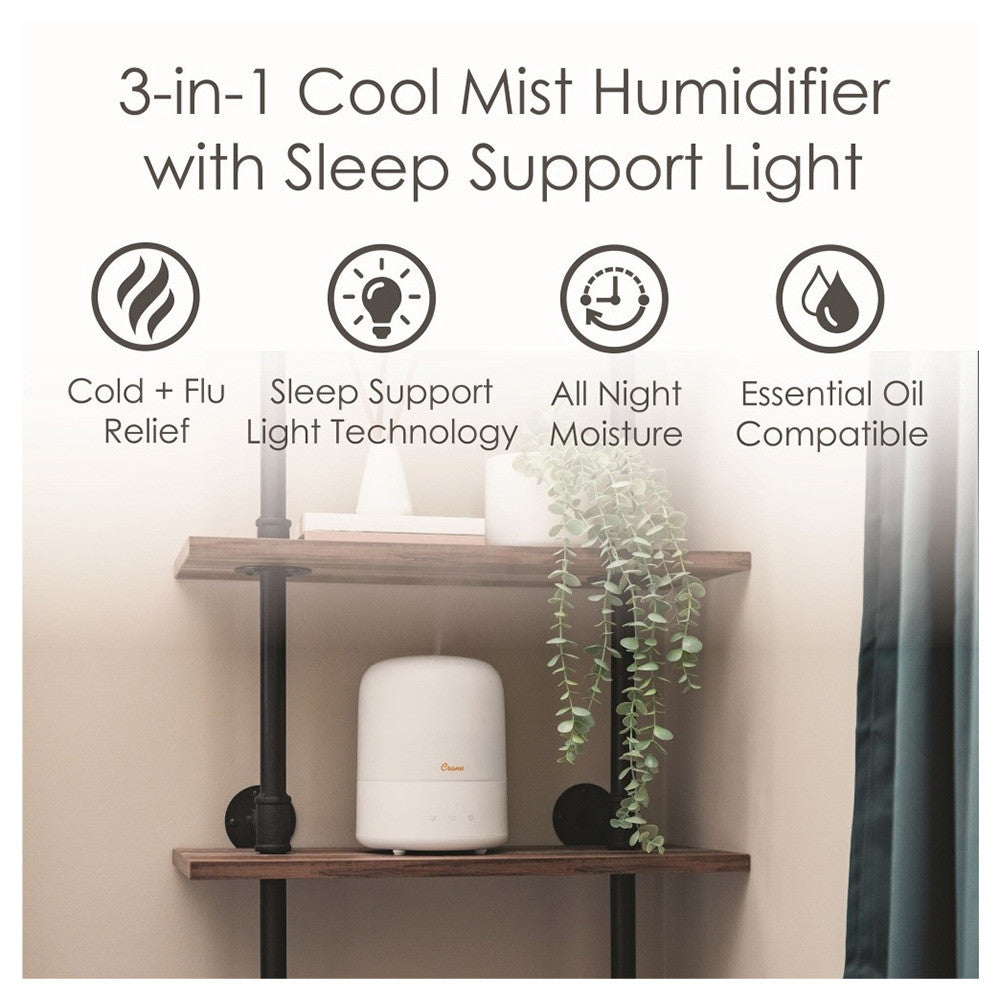 Crane 3 in 1 Cool Mist Humidifier with Aroma Diffuser and Sleep Support Light, 1 Ea