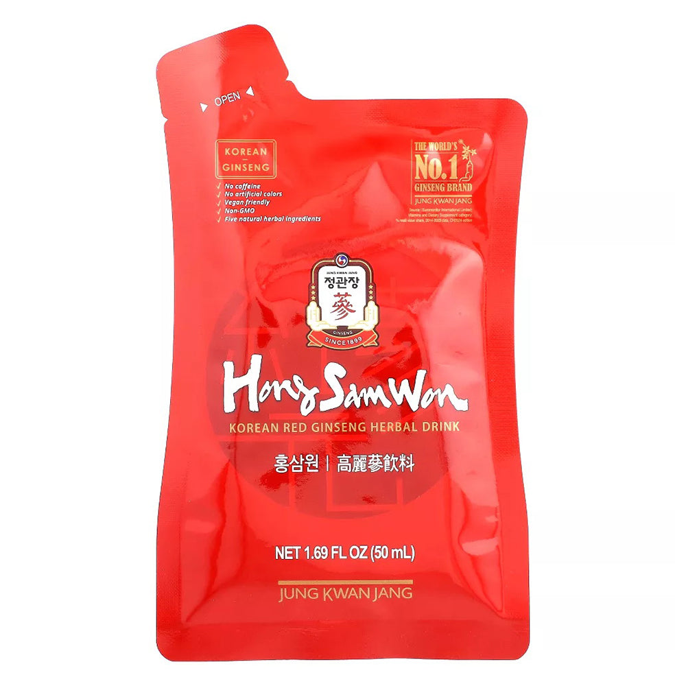 Jung Kwan Jang HongSamWon Korean Red Ginseng Herbal Drink Pouches for Energy and Wellness Support 1.69Oz (50ml) 20Ea