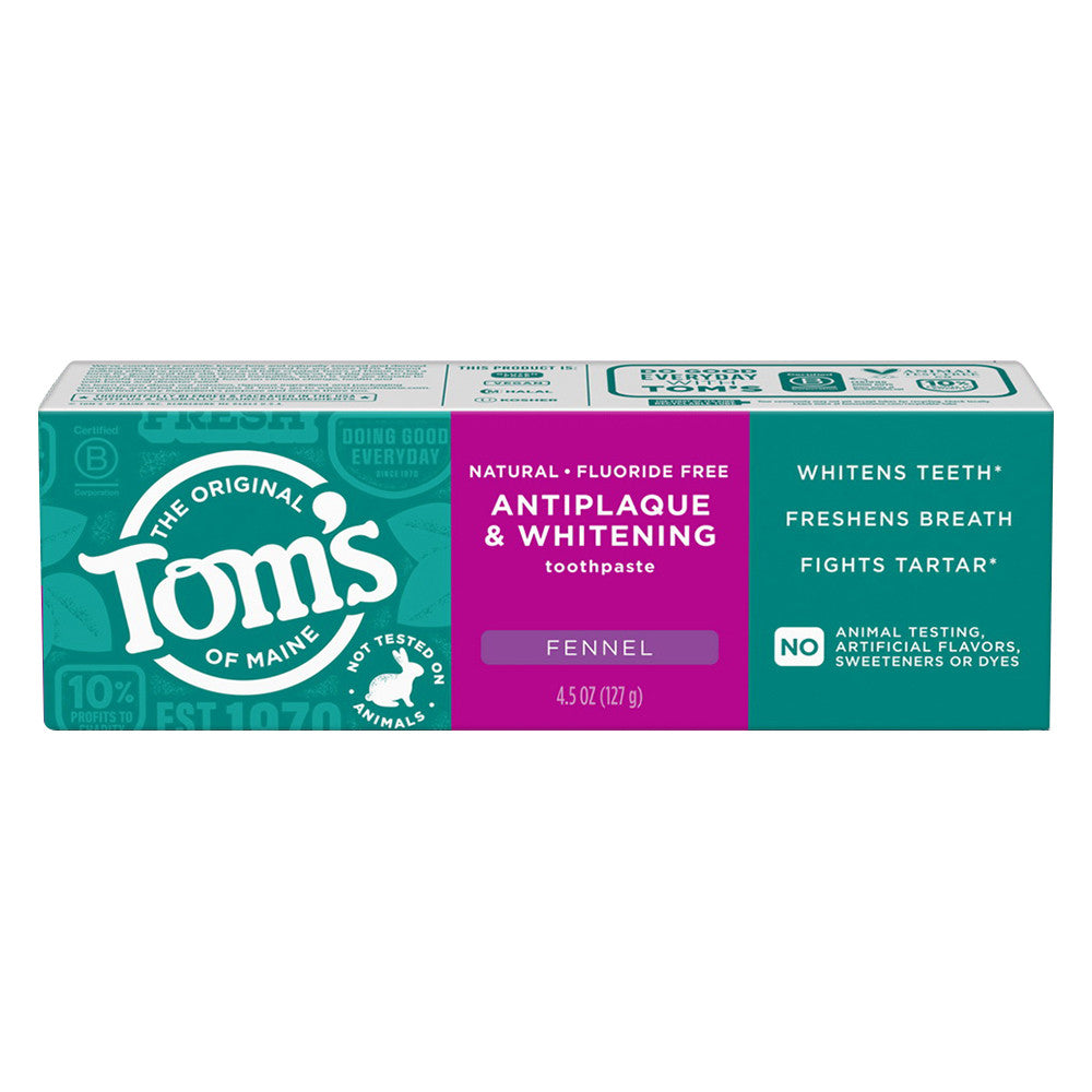Toms of Maine Antiplaque and Whitening Toothpaste Fluoride Free Fennel, 4.5 Oz