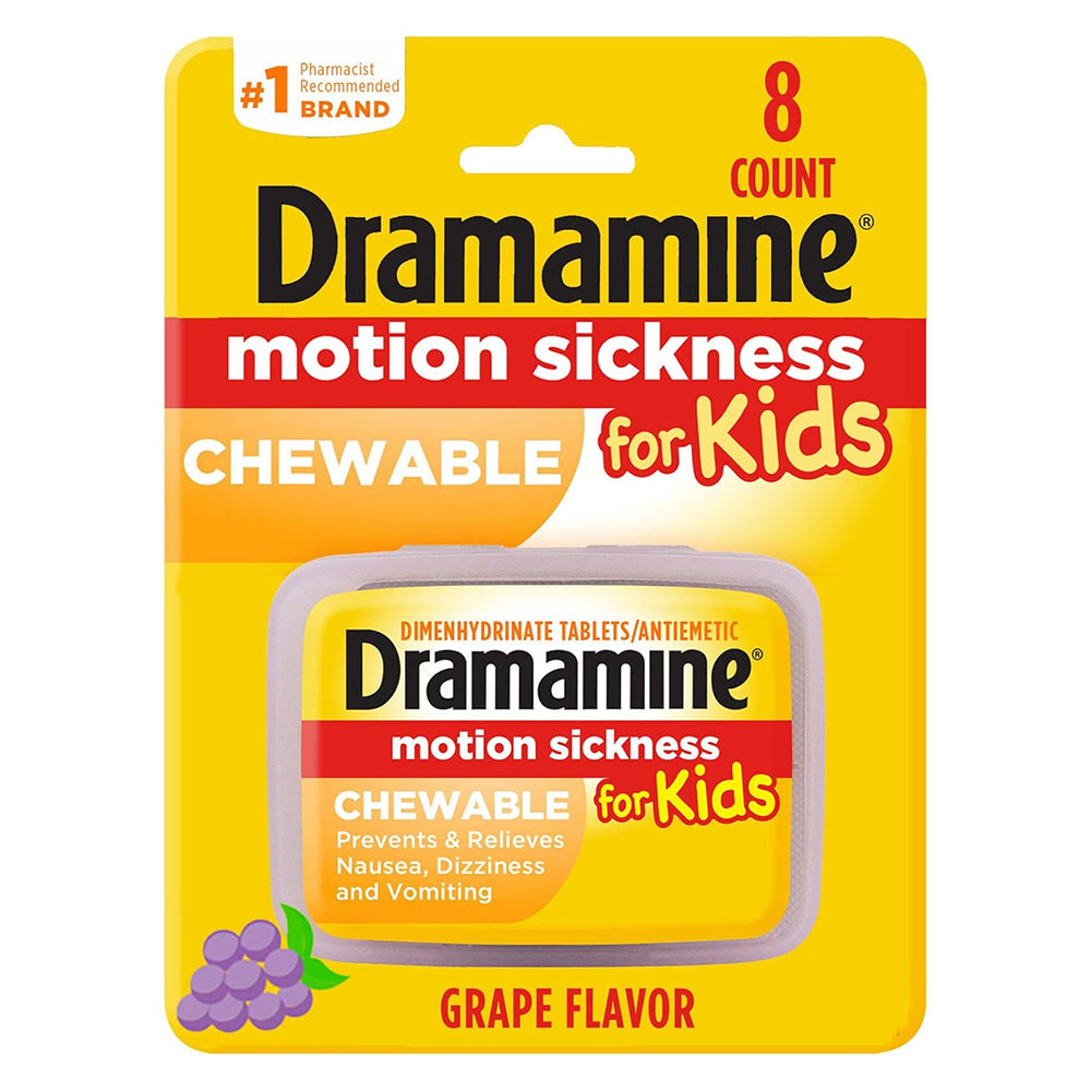 Dramamine Kids Chewable Tablets Grape Motion Sickness Relief for Children 8Ea