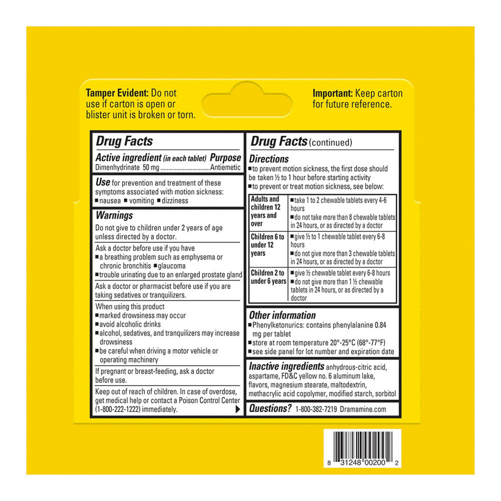 Dramamine Chewable Tablets For Motion Sickness Relief - 8 Ea