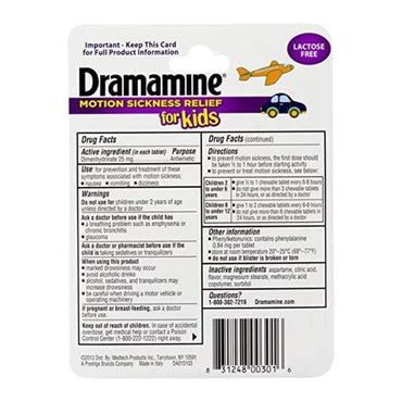 Dramamine Motion Sickness Relief Chewable Tablets For Kids, Grape Flavor - 8 Ea