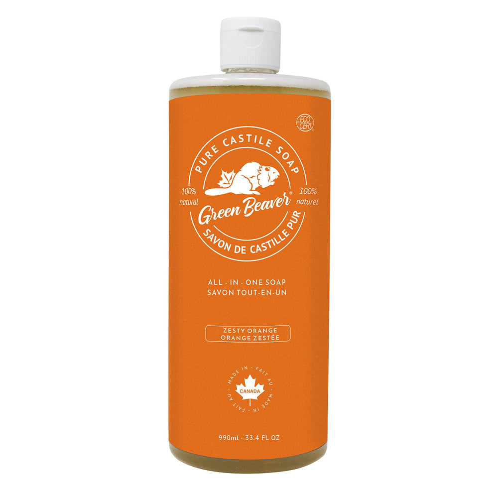 Green Beaver All in One Pure Castile Soap Zesty Orange Gentle Cleans Body Phosphate and Fragrance Free 33.4Oz (990ml)