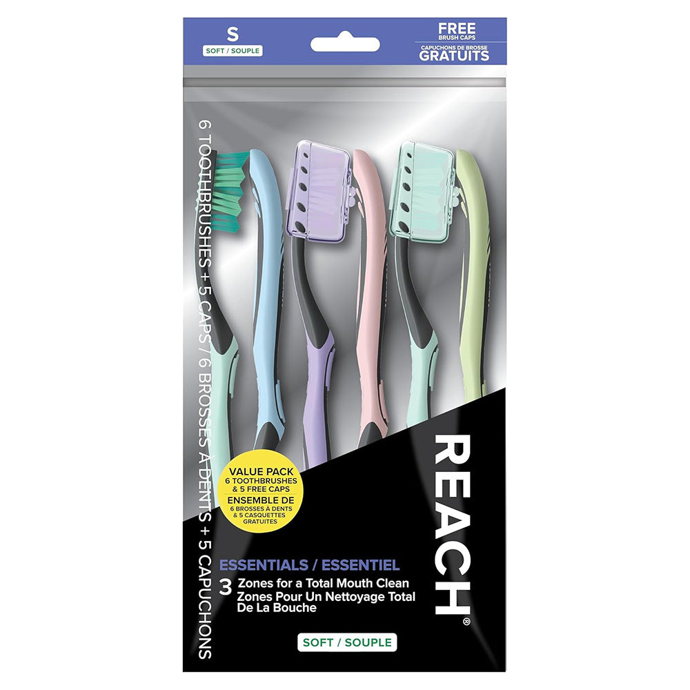 Reach Toothbrush Essentials Soft with Soft Bristles and Free Caps Pack of 6