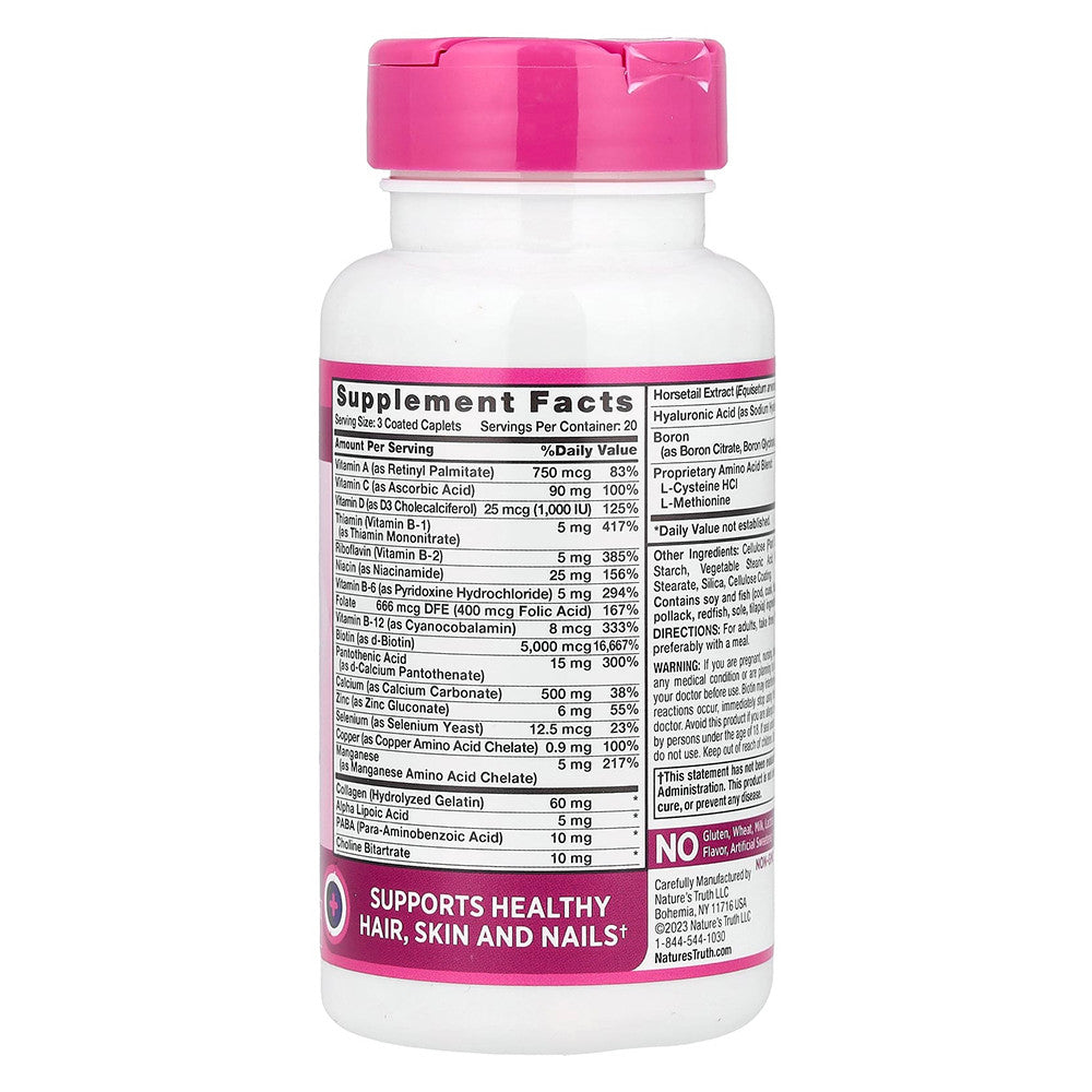 Natures Truth Utra Hair Skin and Nails Vitamins With Biotin and Collagen Coated Caplets, 60 Ea