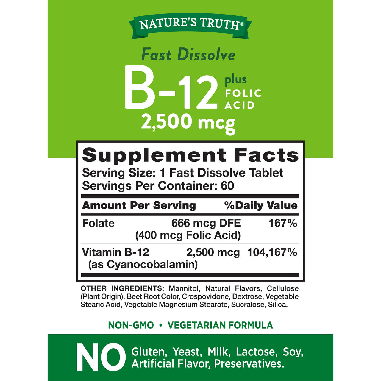 Natures Truth B12 Vitamin Plus Folic Acid 2500 Mcg Fast Dissolve Tablets, Natural Berry Flavor, 60 Ea