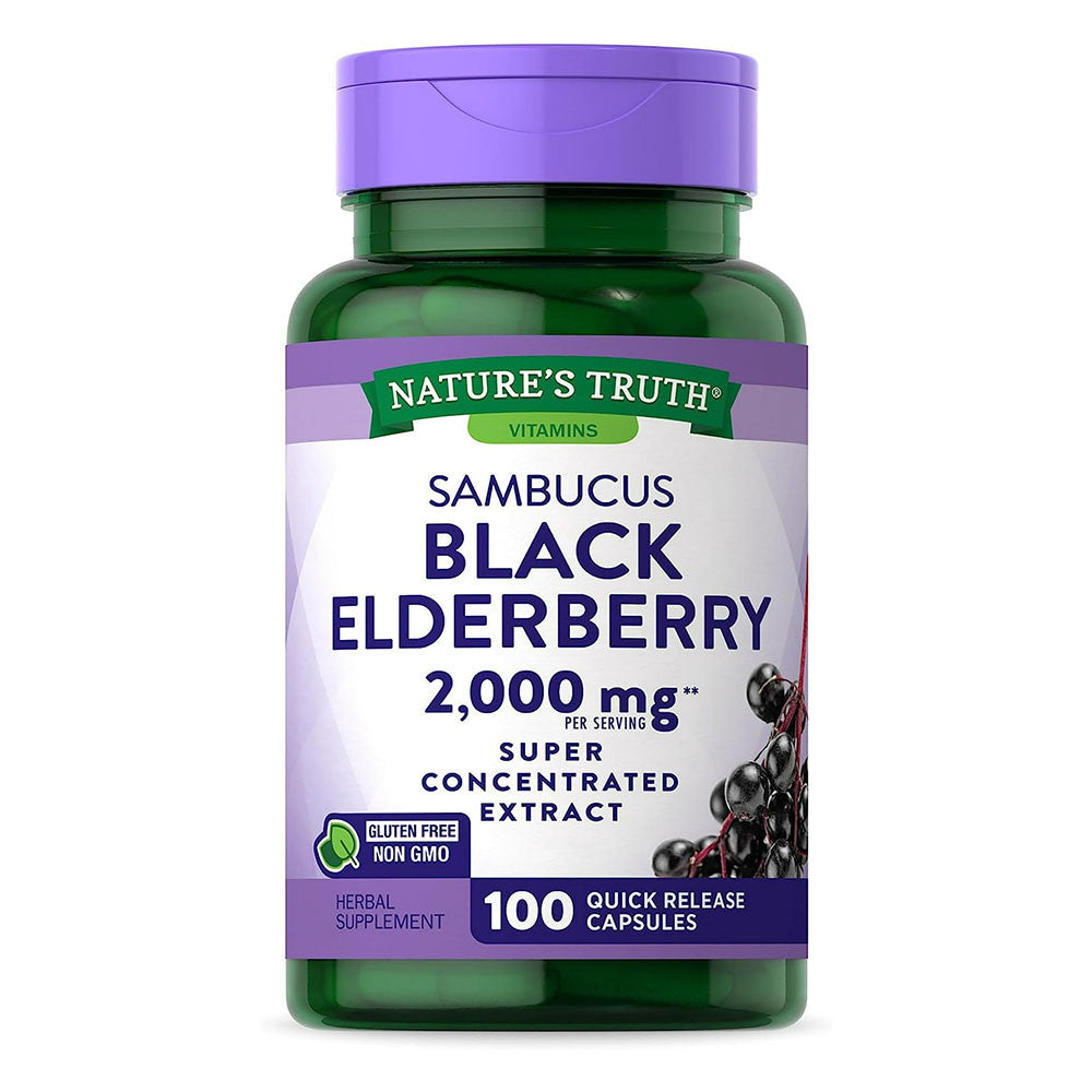 Natures Truth Vitamins Sambucus Black Elderberry Super Concentrated Extract 2000 Mg Capsules, 100 Ea