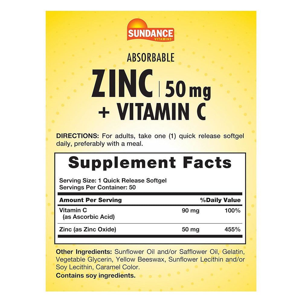 Sundance Vitamins Absorbable Zinc 50 Mg and Vitamin C Softgels, 50 Ea