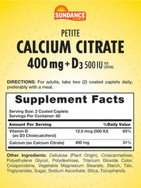 Sundance Vitamins Petite Calcium Citrate 400 Mg Coated Caplets, 120 Ea