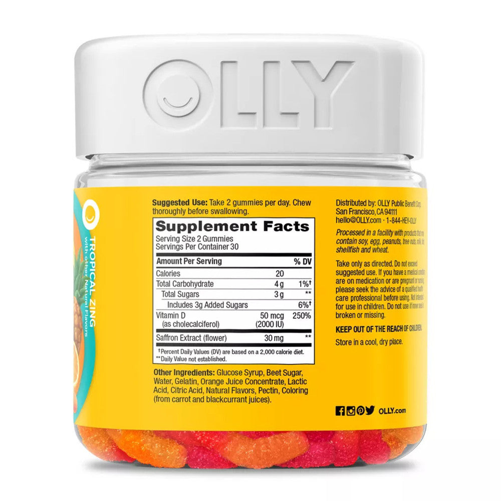 Olly Hello Happy Gummy Worms With Vitamin D Saffron Chewable Supplement, Tropical Zing, 60 Ea
