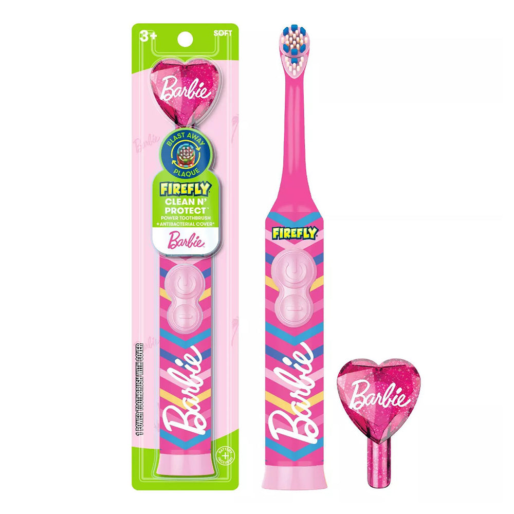 Firefly Clean N Protect Barbie Battery Powered Toothbrush with Antibacterial Cover Soft Bristles 1Ea