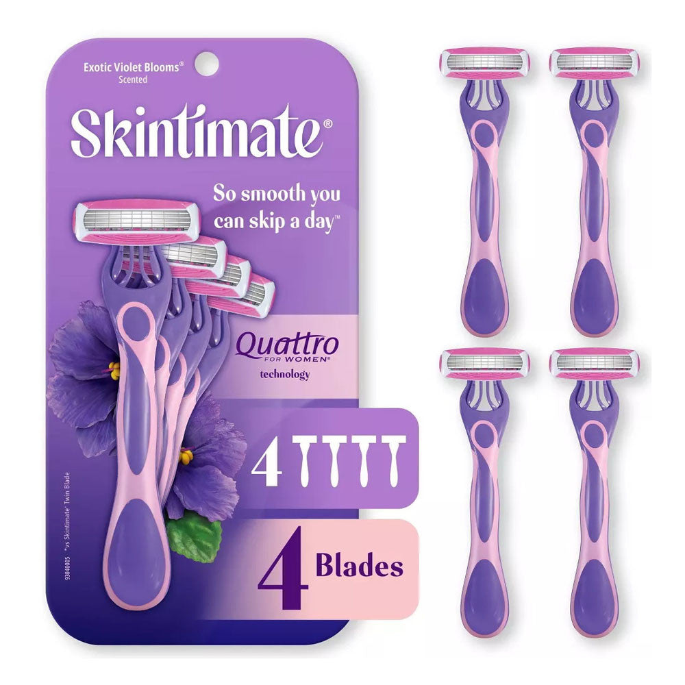 Skintimate Exotic Violet Blooms Womens 4 Blade Disposable Razors, 4 Ea