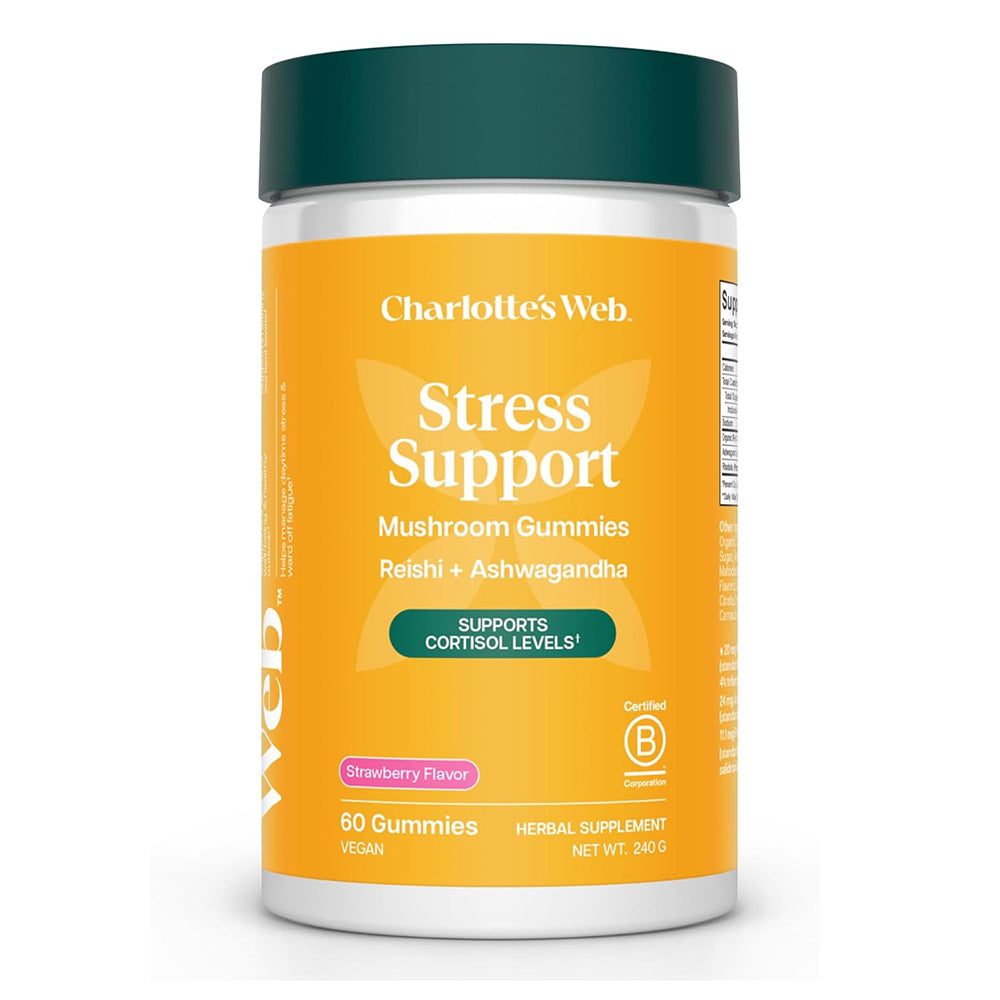 Charlottes Web Stress Support Mushroom Gummies with Reishi and Ashwagandha Strawberry Flavored Supports Cortisol Levels 60Ea