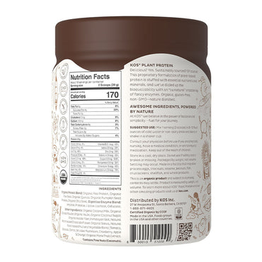 KOS Nature Powered Organic Plant Protein Powder, Chocolate Flavor, 13.75 Oz
