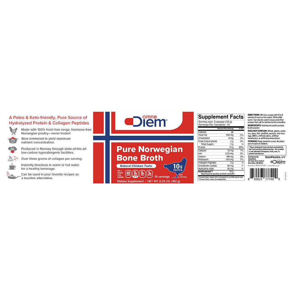 Omne Diem Pure Norwegian Poultry Bone Broth Natural Chicken Taste 6.35Oz (180g)