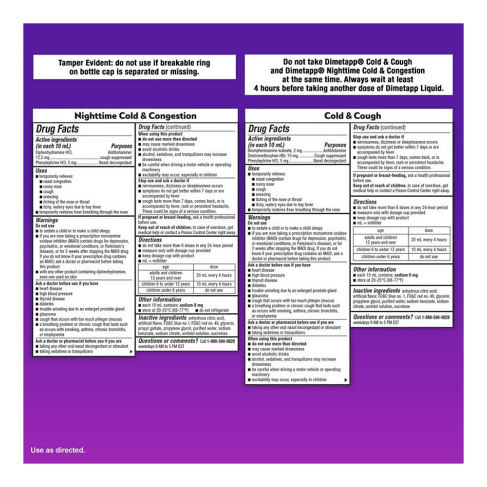 Dimetapp Childrens Day And Night, Cold And Cough, Nighttime Medicine, Antihistamine, Grape Flavor, Alcohol-Free, 2 Liquid Bottles, 4 Oz Each