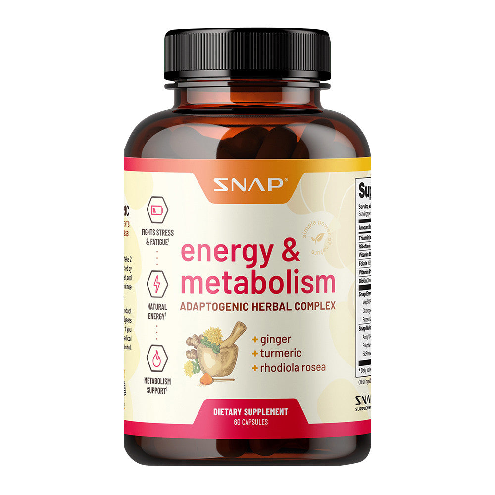 Snap Energy and Metabolism Booster Capsules, Adaptogenic Herbs Ginger Turmeric, 60 Ea