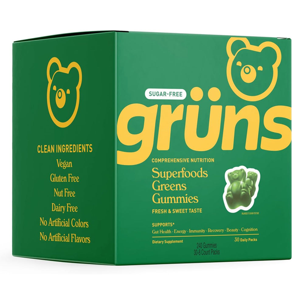 Gruns Sugar Free Super Greens Gummies Daily Packs for Gut and Immunity Health 30Ea