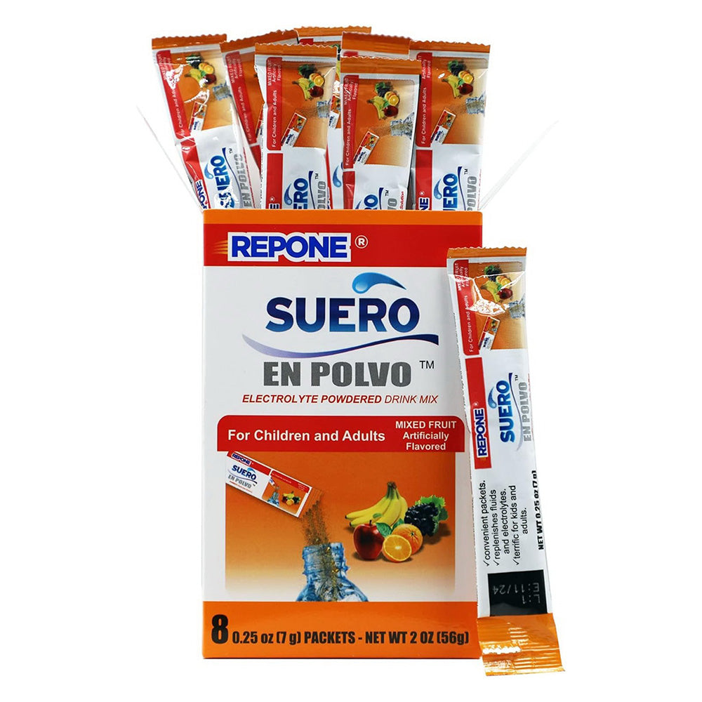 Repone Suero Electrolyte Powder Solution with Fruit Flavor 2Oz (56g), 8Ea