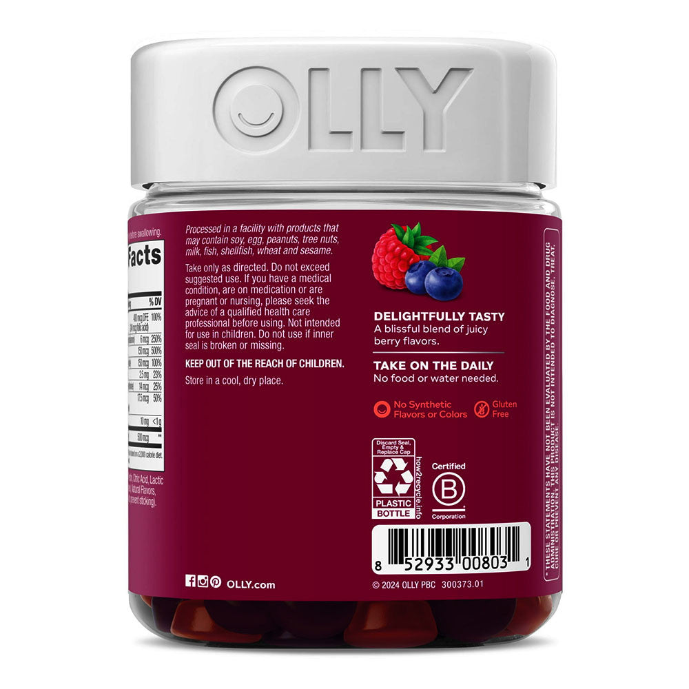 Olly Womens Daily Multivitamin Gummies, Biotin and Folic Acid, Berry Flavor, 130 Ea