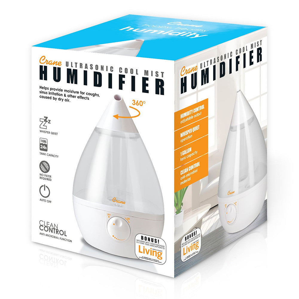 Crane Ultrasonic Cool Mist Humidifier 0.5 Gallon, White, 1 Ea