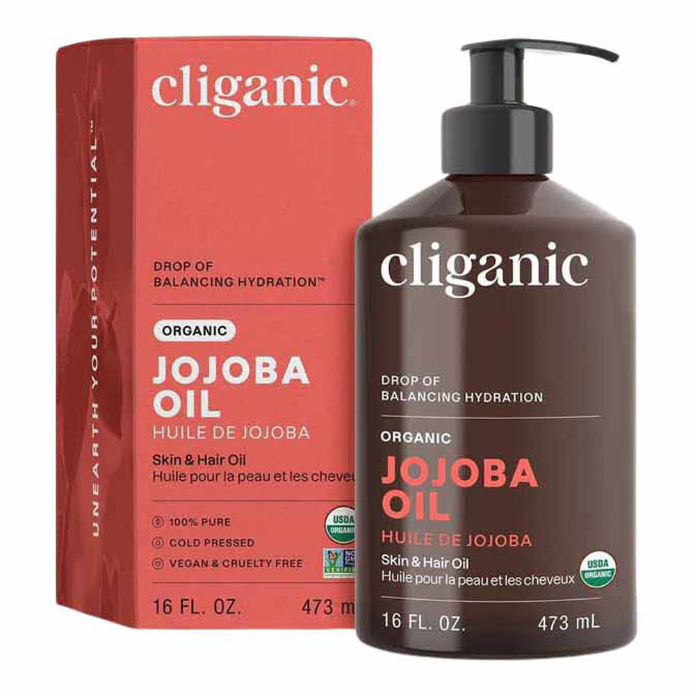 Cliganic Organic Jojoba Oil Skin and Hair Oil Drop of Balancing Hydration 16Oz (473ml)