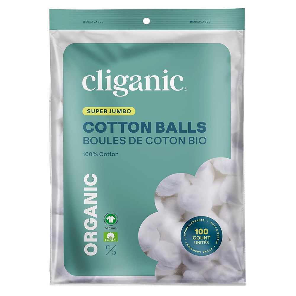 Cliganic Organic Super Jumbo Cotton Balls Hypoallergenic Absorbent Large Size Ultra Soft 100Ea