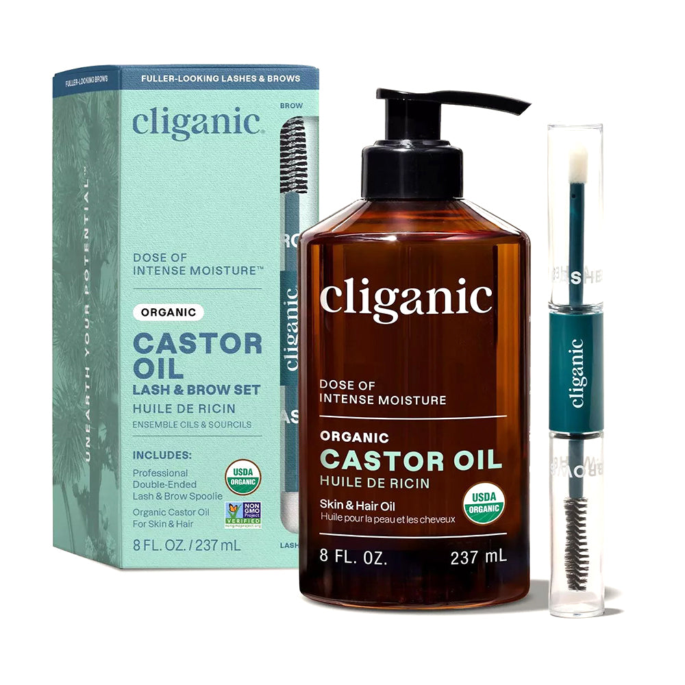 Cliganic Organic Castor Oil Lash and Brow Set for Nourishing Lashes Brows and Hair Hydration 8Oz (237ml)