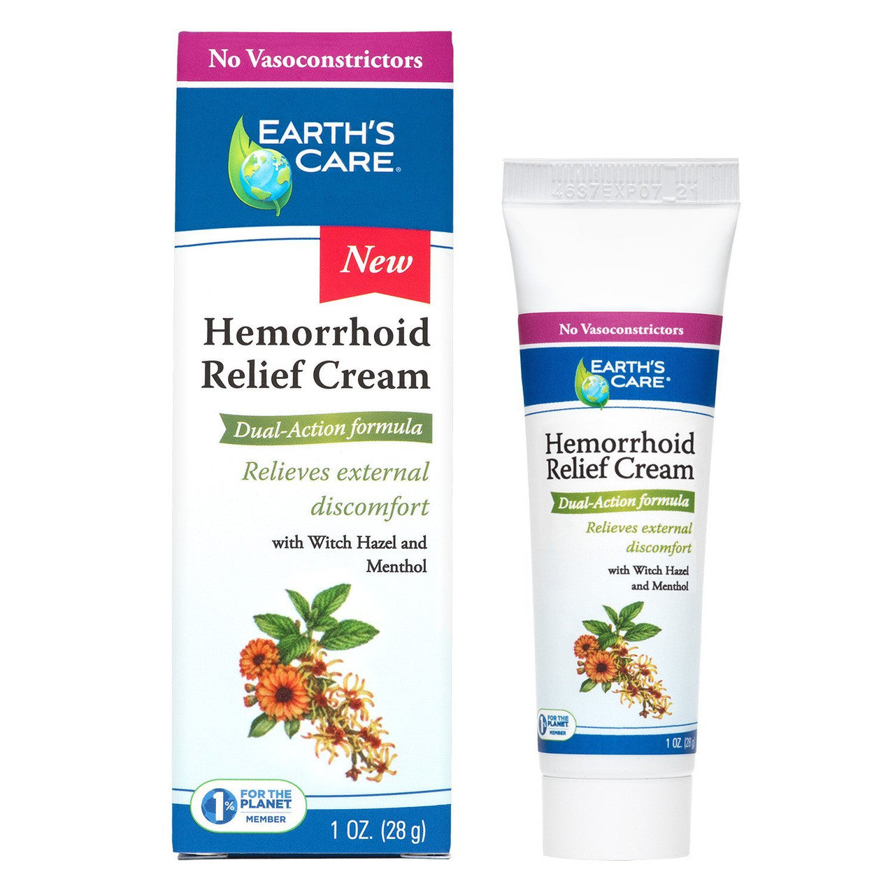 Earths Care Hemorrhoid Relief Cream with Dual Action Formula, Witch Hazel and Menthol, 1 Oz