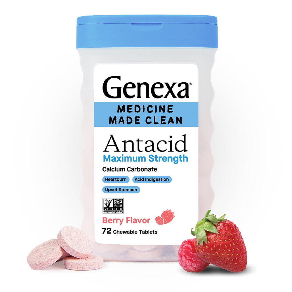 Genexa Antacid Maximum Strength Chewable Tablets Berry Flavor Heartburn and Acid Indigestion Relief 72Ea