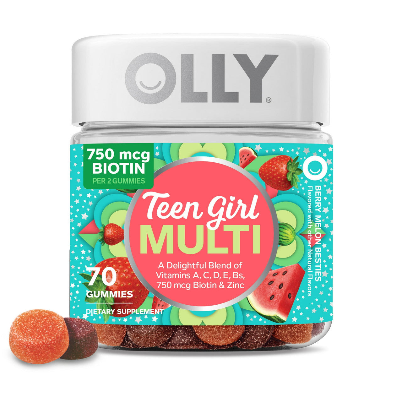 Olly Teen Girl Multivitamin Gummies Biotin and Antioxidants, Berry Melon Flavor, 70 Ea