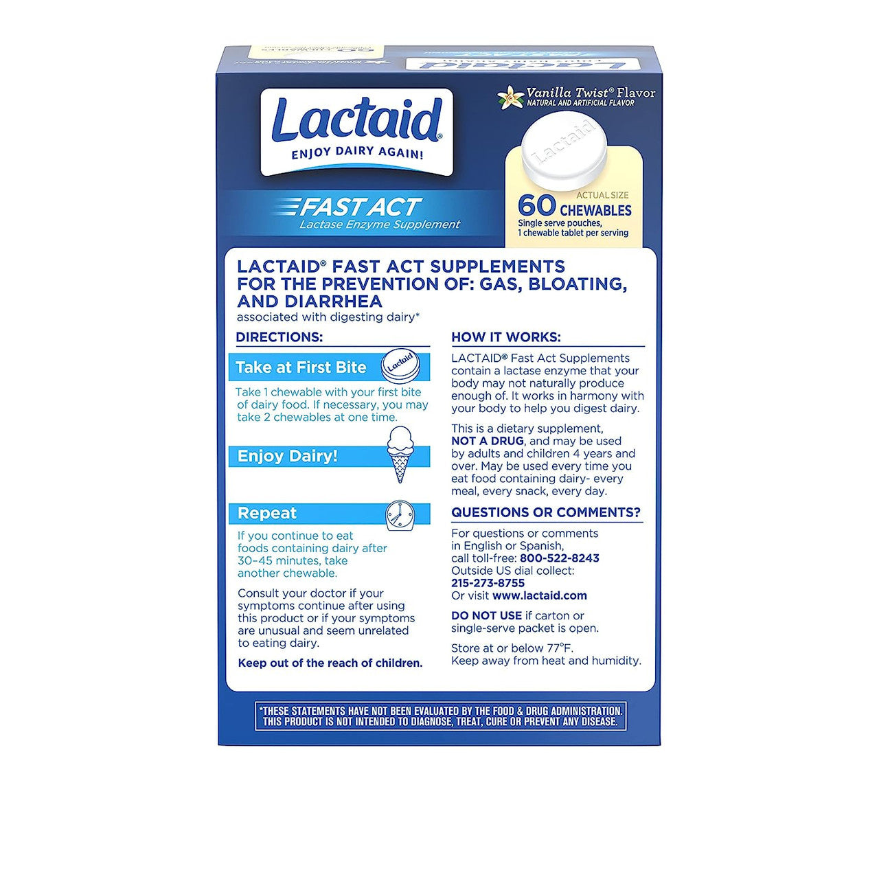 Lactaid Fast Act Lactase Enzyme Supplement Vanilla Twist Flavor Chewable Tablets, 60 Ea