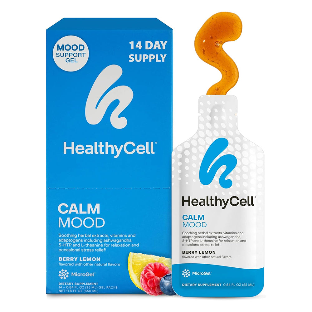 Healthycell Calm Mood Daily Liquid Berry Lemon Supplement Soothing Herbal Extracts Manage Your Stress and Mood 14Ea