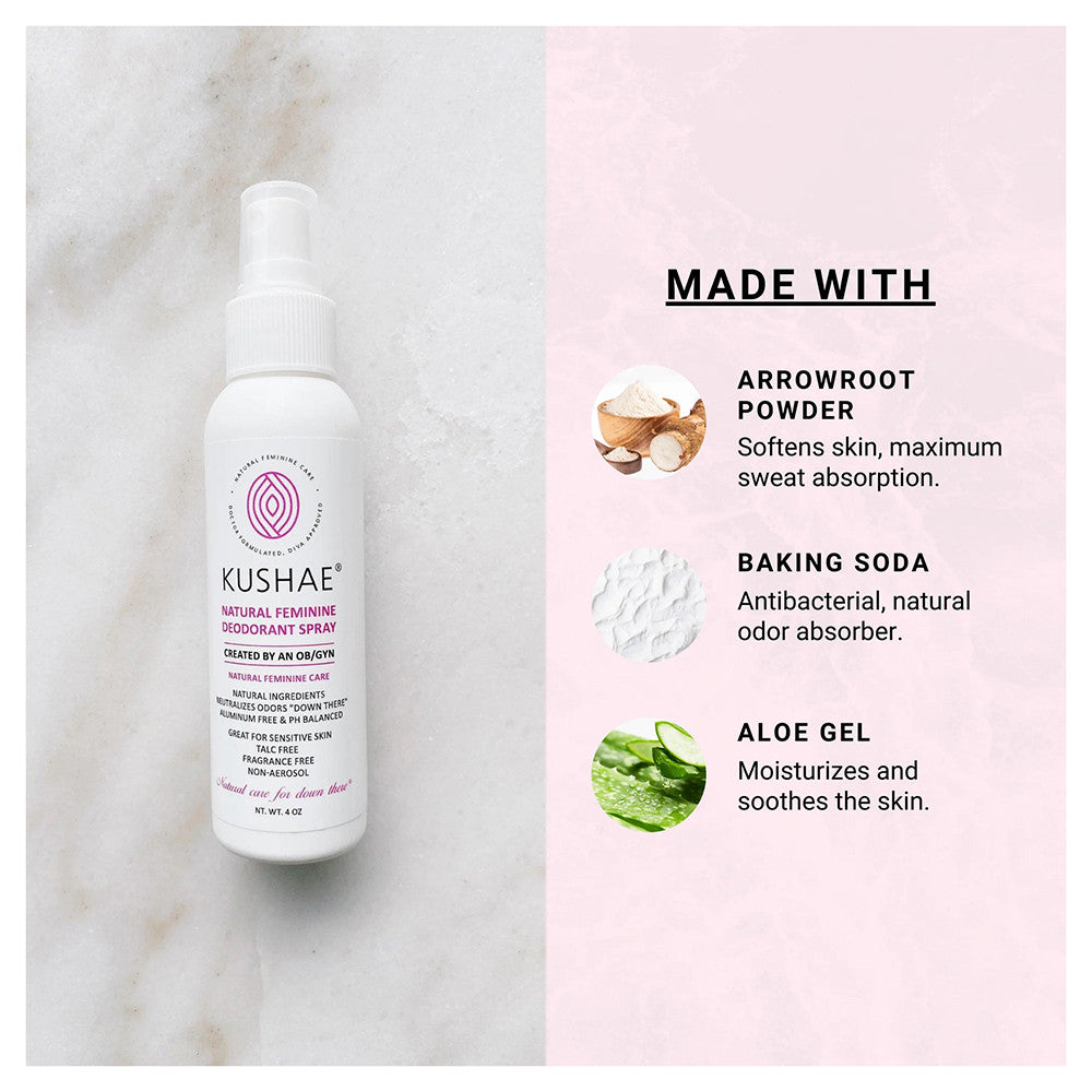 Kushae Natural Feminine Deodorant Spray, Fragrance Free, 4 Oz