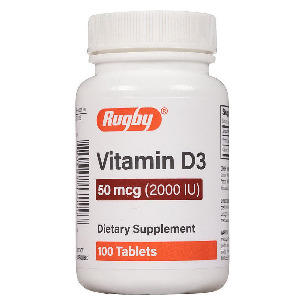 Rugby Vitamin D3 Dietary Supplement 25MG to 50 Mcg Tablets, 100 Ea