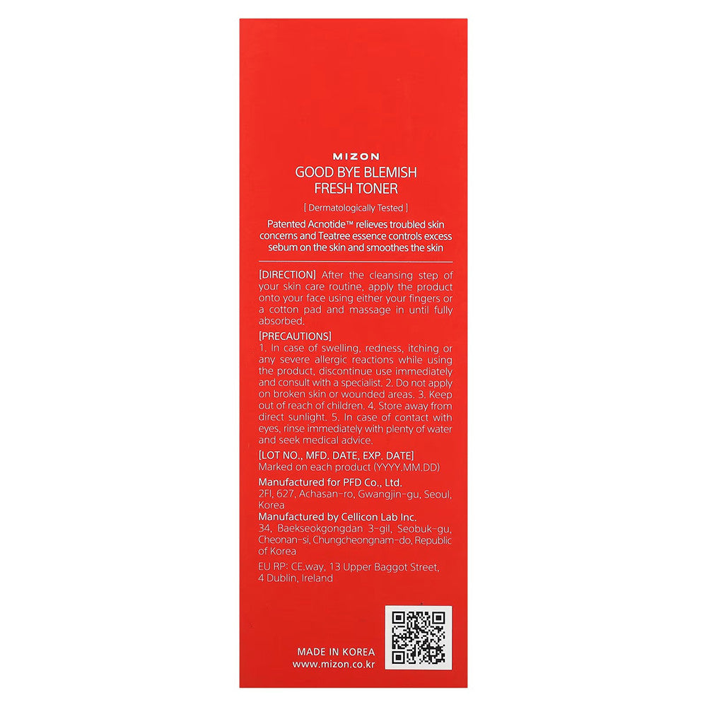 Mizon Good Bye Blemish Fresh Toner Optimum Sebum Care Skin Hydrate 4.05Oz (120ml)0ml