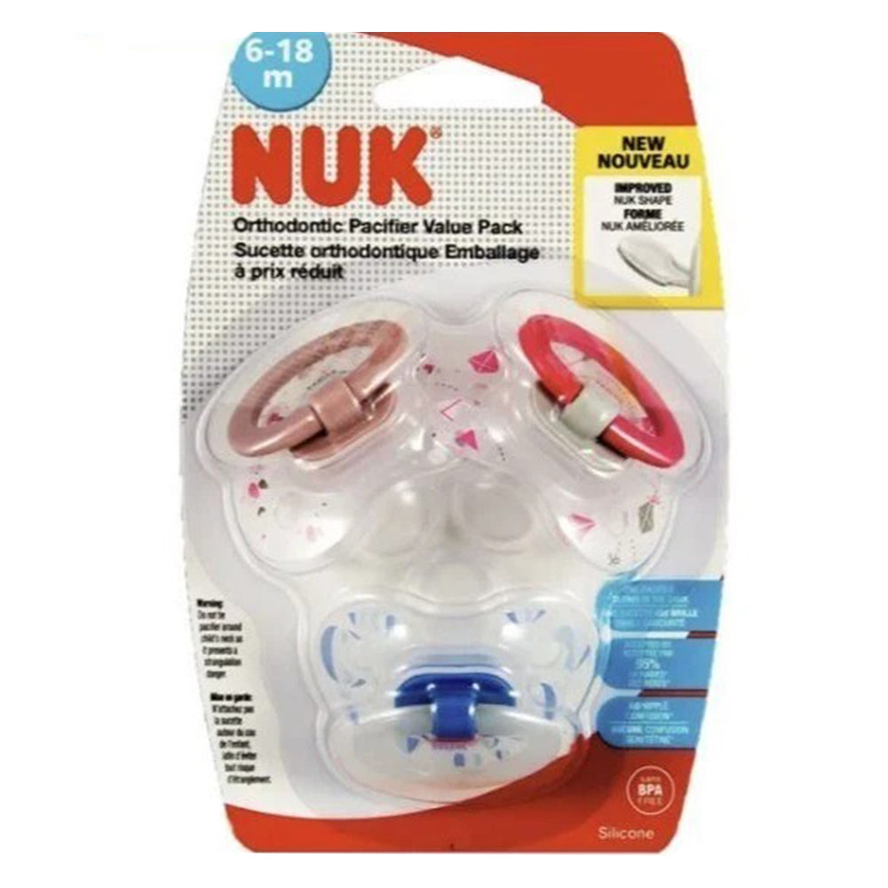 Nuk Orthodontic Pacifiers Silicone Pack Pink and Blue 3Ea