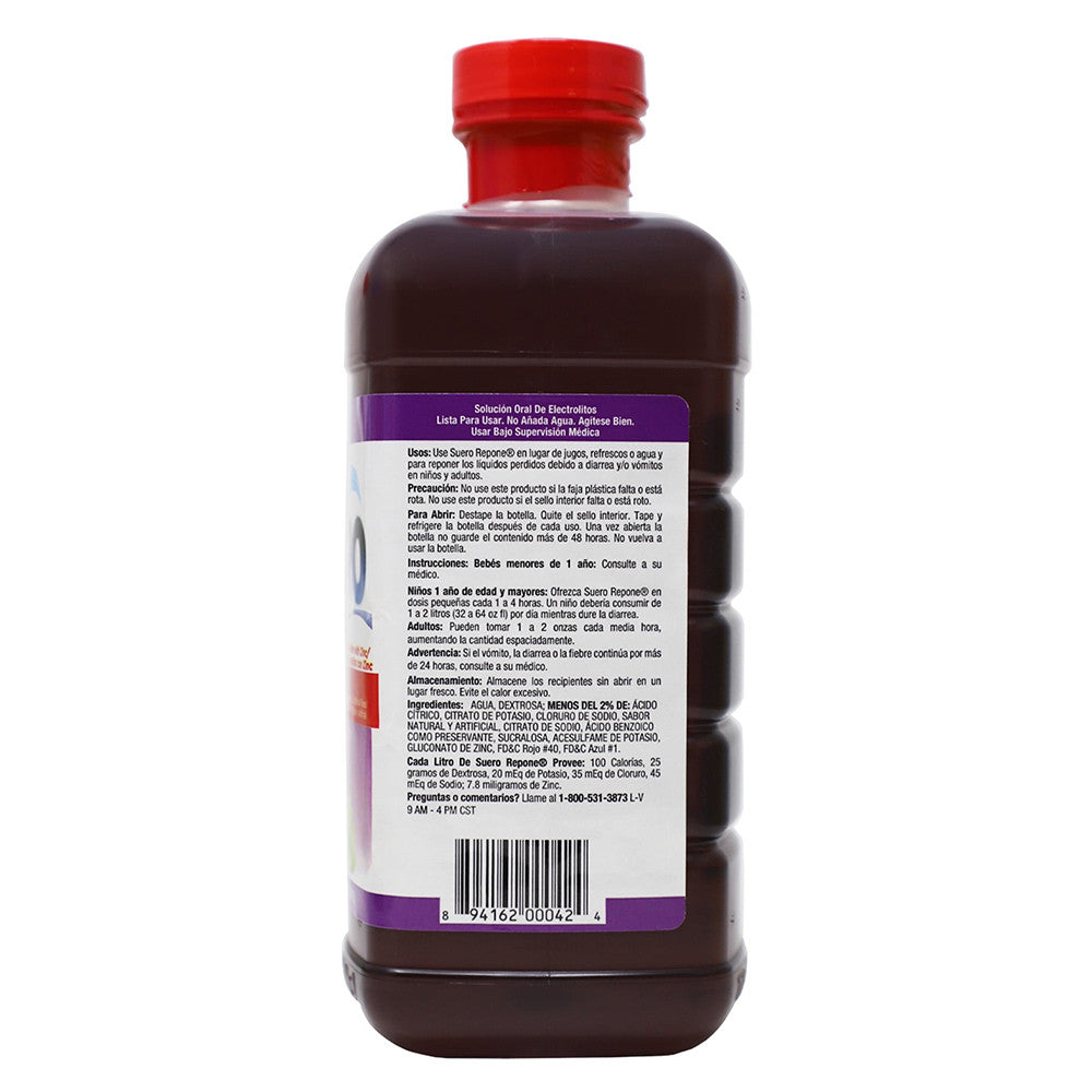 Suero Repone Electrolyte Solution with Zinc for Children and Adults, Grape Flavor, 33.8 Oz
