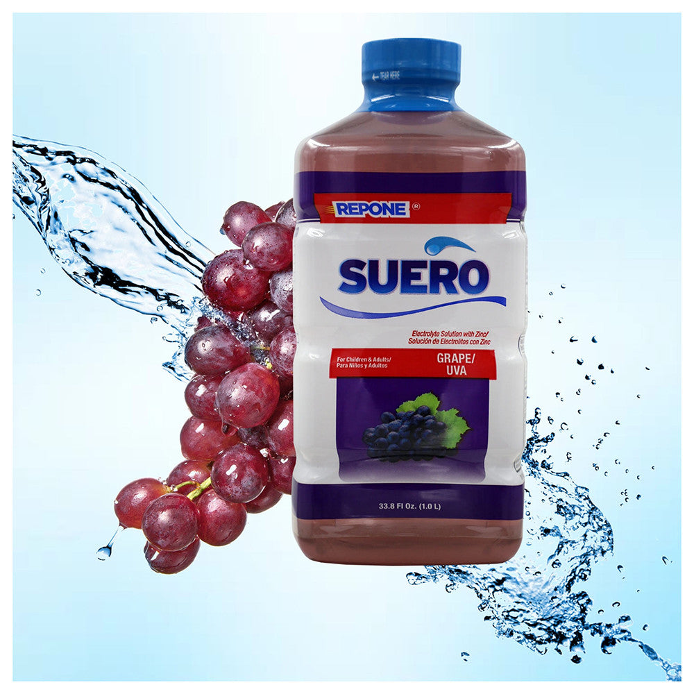 Suero Repone Electrolyte Solution with Zinc for Children and Adults, Grape Flavor, 33.8 Oz