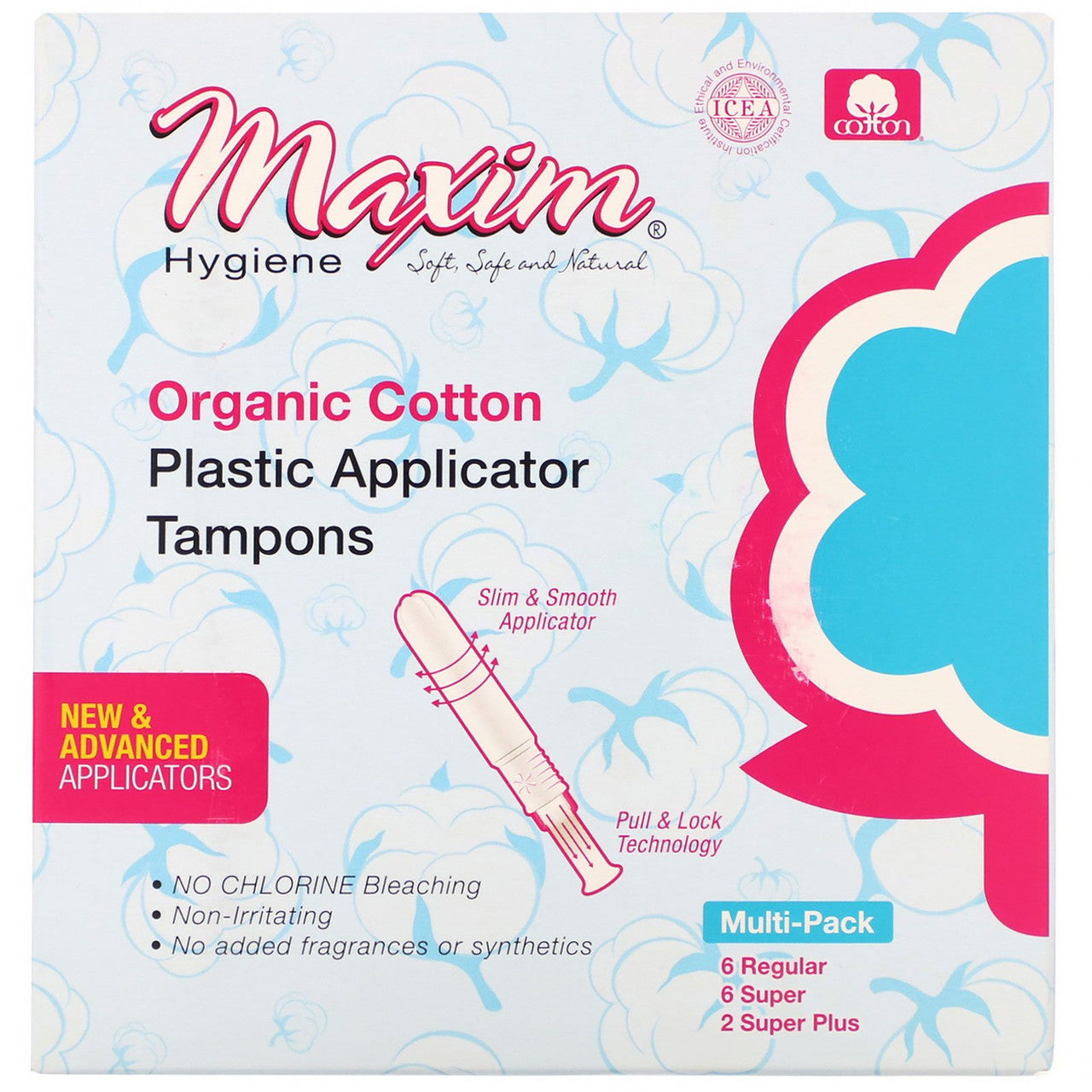 Maxim Organic Cotton Plastic Applicator Tampons, Multi Pack, 14 Ea