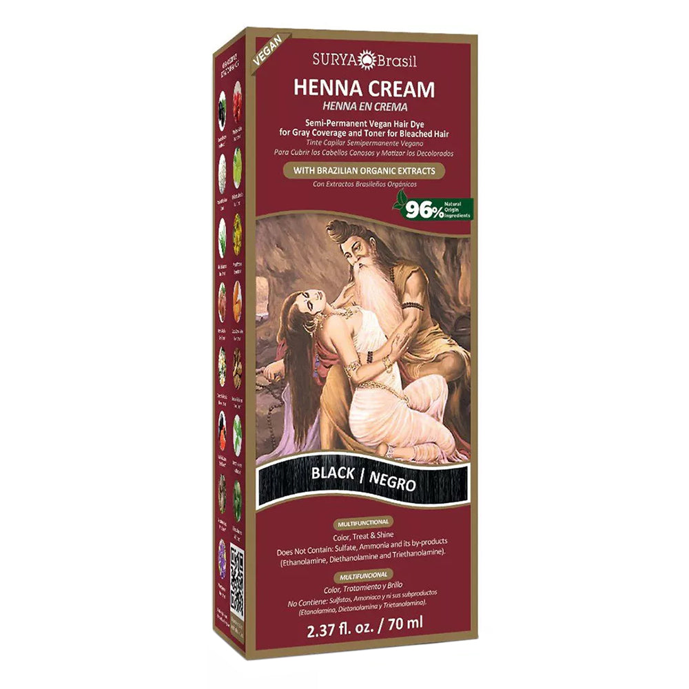 Surya Brasil Black Henna Cream Semi Permanent Vegan Hair Dye for Gray Coverage 2.37Oz (70ml)