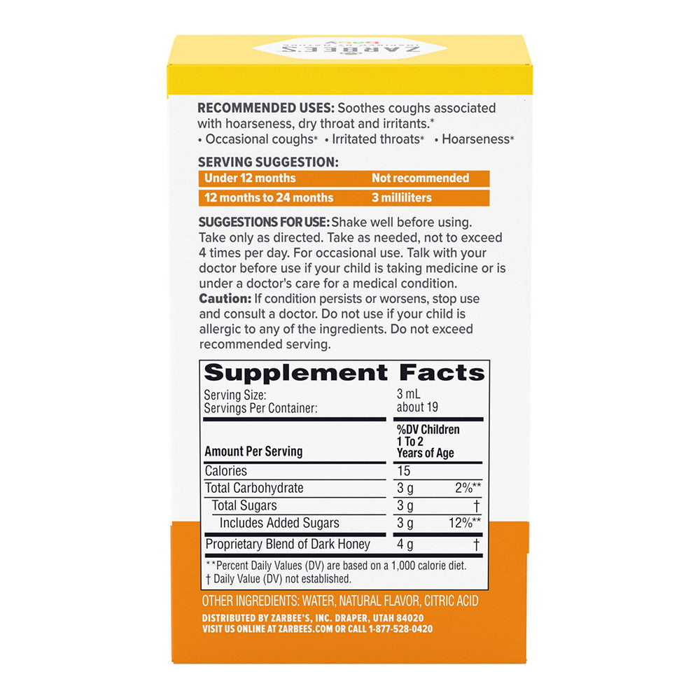 Zarbees Baby Soothing Cough Syrup with Dark Honey and Natural Peach, 2 Oz