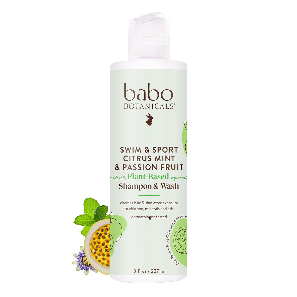 Babo Botanicals Swim and Sport Citrus Mint and Passion Fruit Shampoo and Wash Cleanser for All Hair and Skin Types 8Oz (237ml)