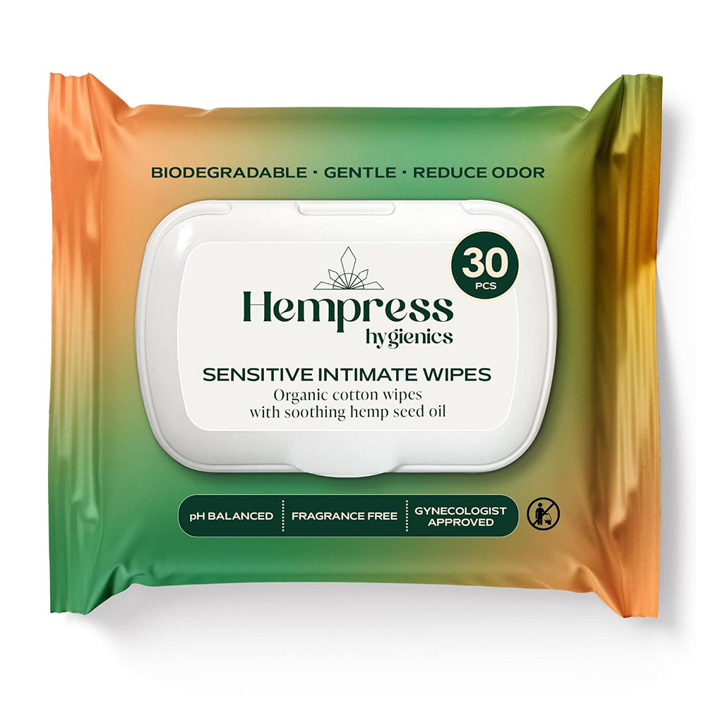 Hempress Hygienics Sensitive Intimate Wipes for Women Organic Cotton Wipes pH-Balanced Delicate Areas Vaginal Face and Body Fragrance Free 30Ea
